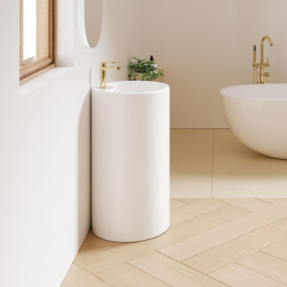Crisp White Ceramic Round Pedestal Bathroom Sink with Overflow