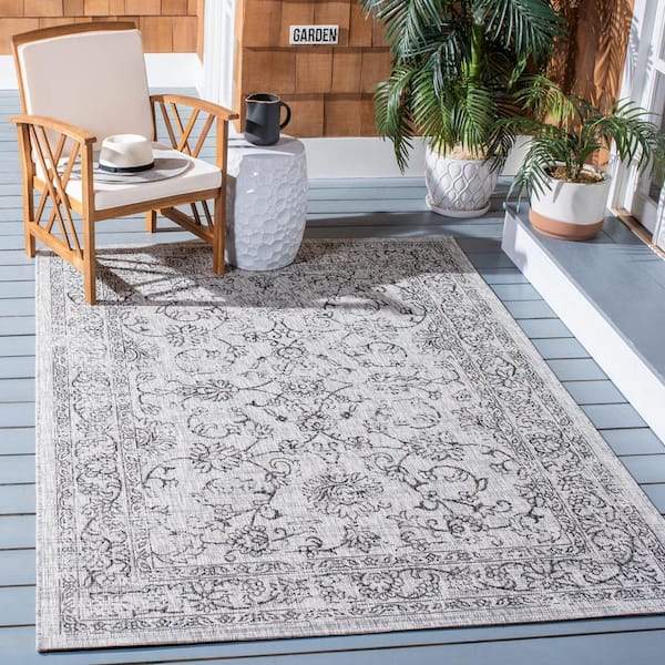 Courtyard Gray/Black 9 ft. x 12 ft. Border Floral Scroll Indoor/Outdoor Patio  Area Rug