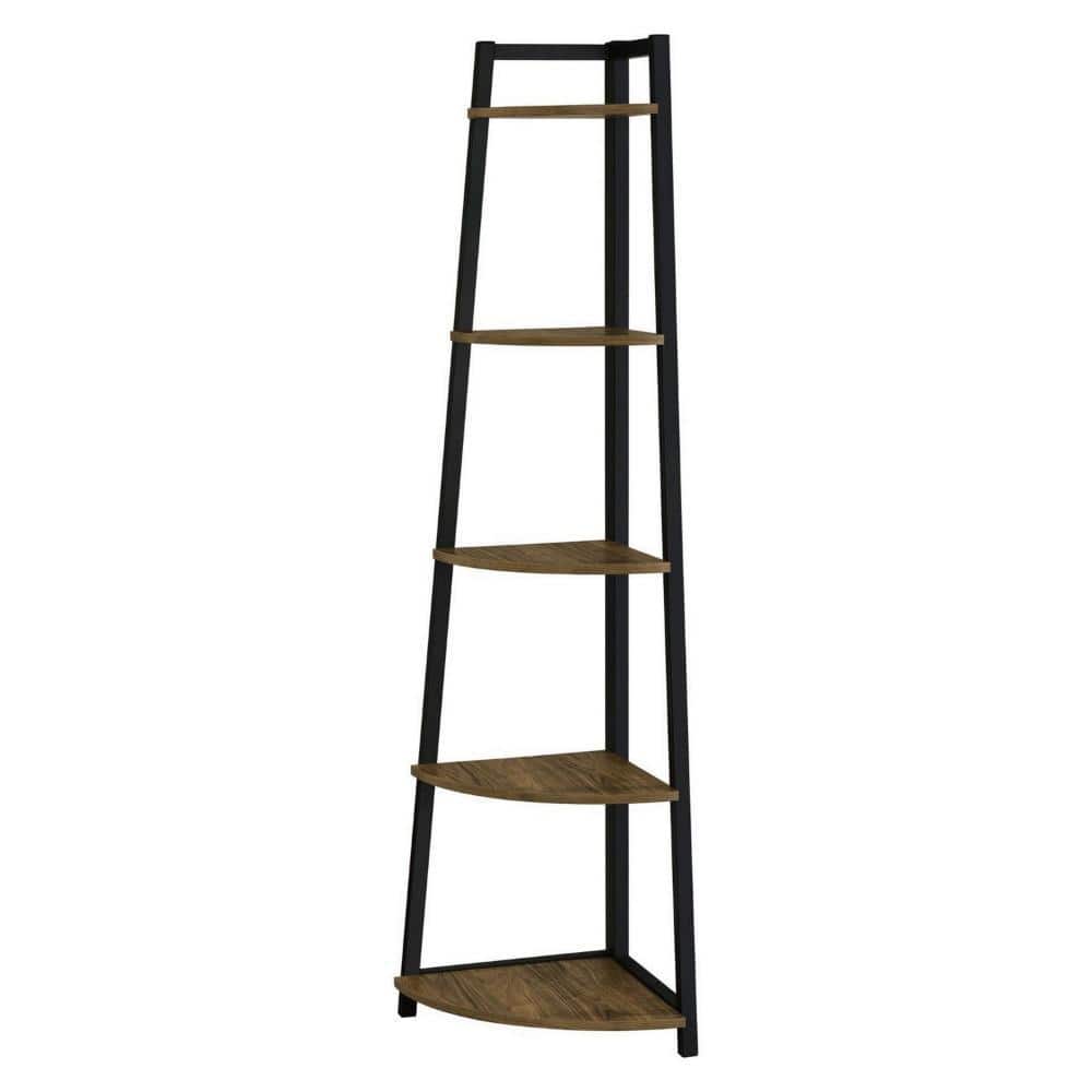 Brown and Black 5-Tier Corner Wood and Metal Bookcase