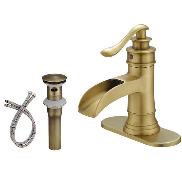 Waterfall Single Hole Single-Handle Low-Arc Bathroom Faucet With Pop-Up Drain Assembly in Antique
