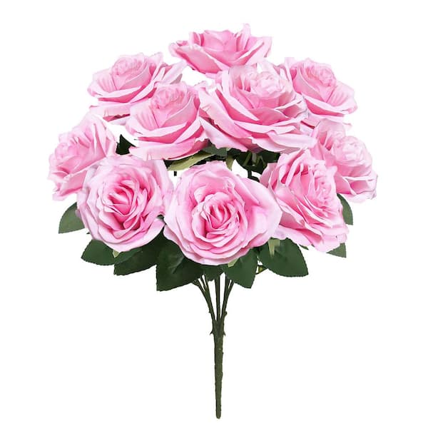 LIVING LUXURY 18 in. Deluxe Baby Pink Artificial Queen Rose Flower Stem Bush Bouquet (Set of 2)