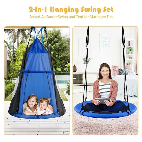 WELLFOR Blue Galvanized Steel Kids Hanging Chair Swing Tent Set