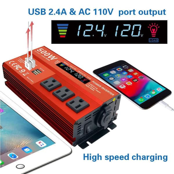 24v cigarette lighter inverter Lukyamzn 500-Watt Modified Sine Wave Power Inverter, 12V DC to 110V AC,  with 3-AC Outlets, 4-USB Ports, Cigarette Lighter Adapter SA1127B370