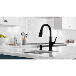 Alderwood Single Handle Pull Down Kitchen Faucet with Deck Plate and Soap Dispenser in Matte Black