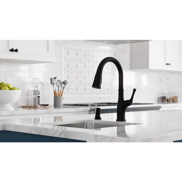 Alderwood Single Handle Pull Down Kitchen Faucet with Deck Plate and Soap Dispenser in Matte Black