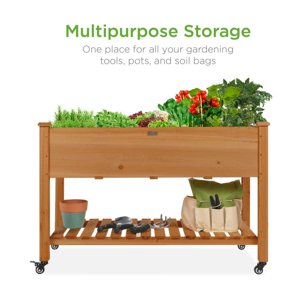 Acorn Brown Wood Mobile Elevated Garden Planter with Shelf