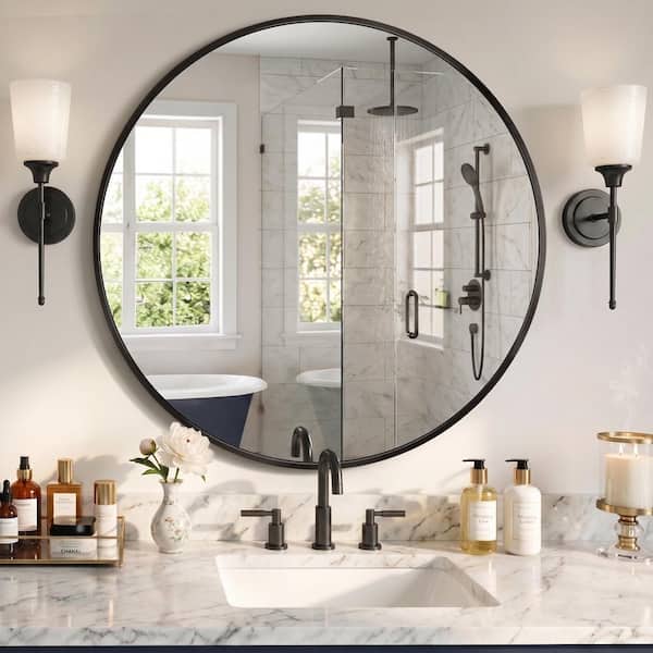 31.5 in. W x 31.5 in. H Round Modern Black Aluminum Alloy Framed Bathroom Mirror Wall Mirror