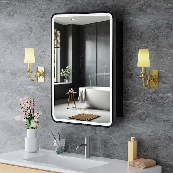 HBEZON 16 in. W x 28 in. H Rectangular Iron Recessed/Surface Mount Medicine Cabinet with Mirror, Memory, Anti-Fog, Right Hinge