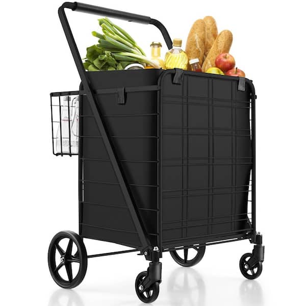 Black Folding Shopping Cart Kitchen Cart with Waterproof Liner Wheels and Basket