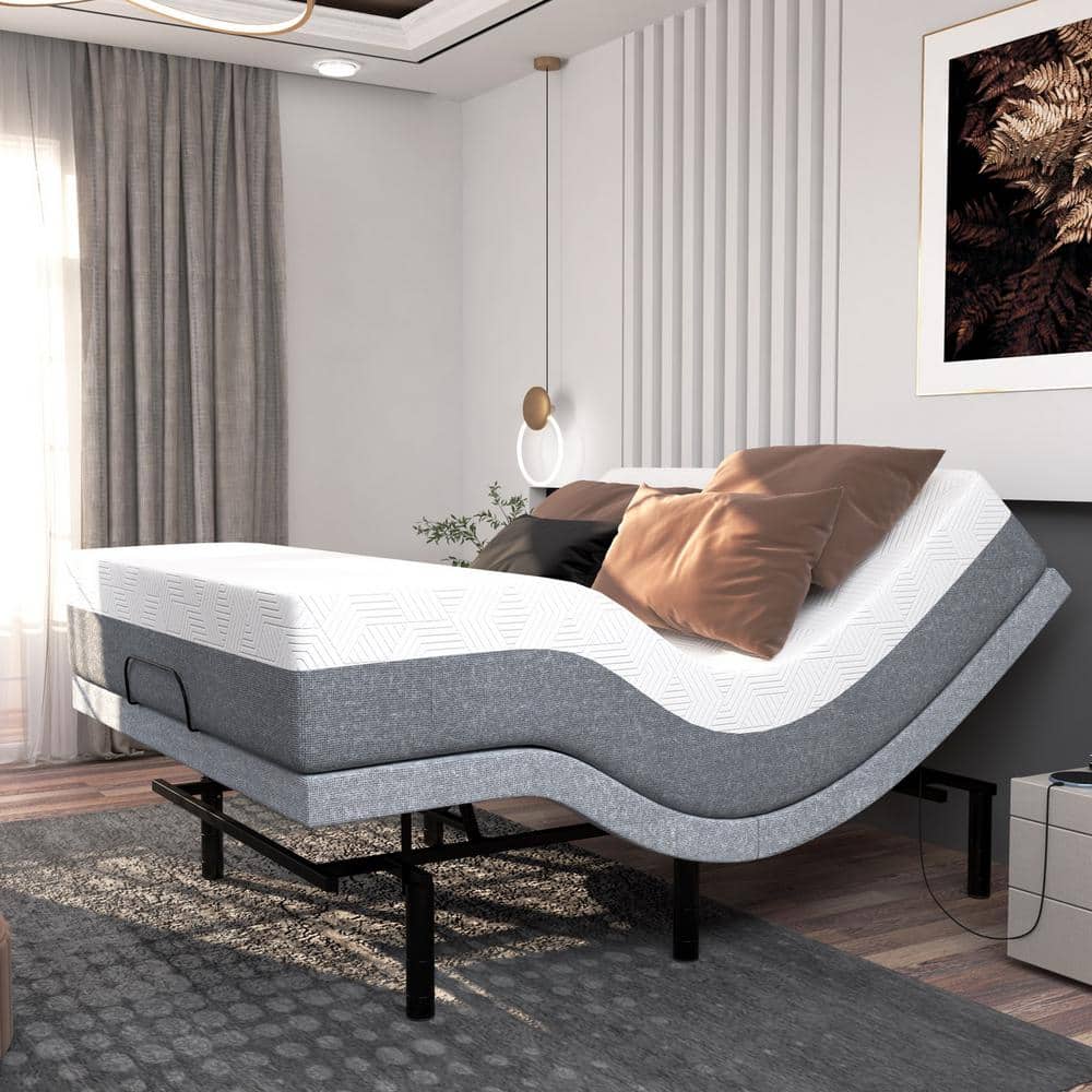 Twin Adjustable Metal Frame Bed with Upholstered Headboard