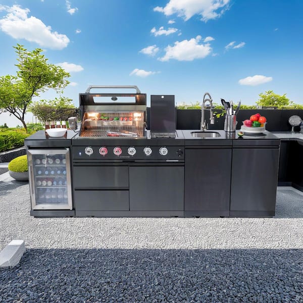 Deluxe BBQ 4-Burner 72000BTU Propane Grill Island 46 in. Stainless Steel Rotisserie, Refrigerator, Sink Cabinet, Black