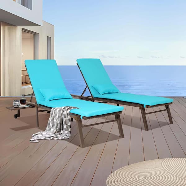 Brown Wicker Outdoor Chaise Lounge with Blue Cushions Wheels Adjustable Backrest, 5-Position Sunbathing Chair (Set of 2)