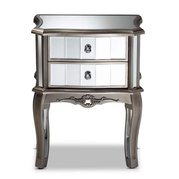 Baxton Studio Elgin 2-Drawer Silver and Mirror Nightstand (26.4 in. H x 20.5 in. W x 13.4 in. D)