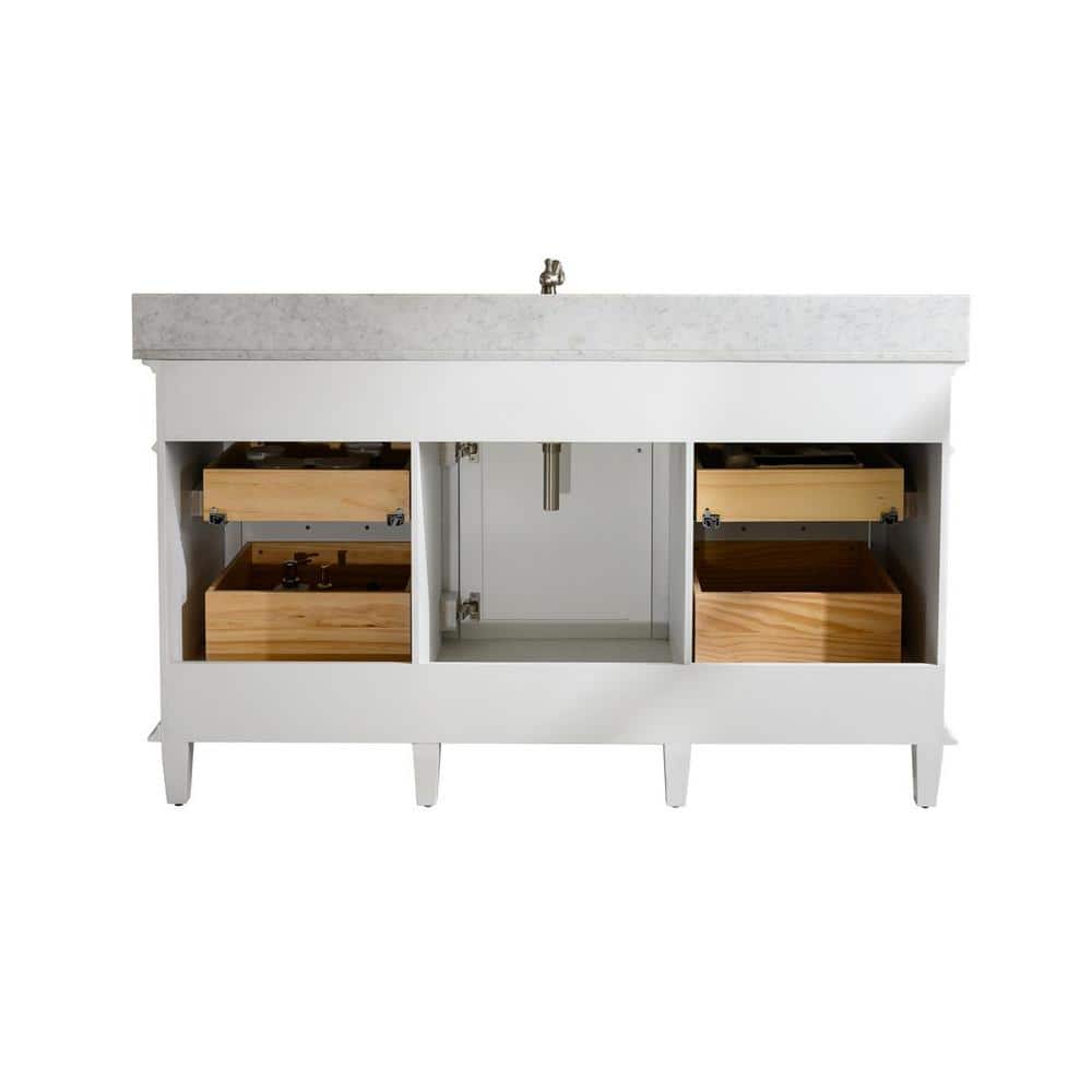 White 60" Freestanding Single Sink Vanity with Carrara Marble Top