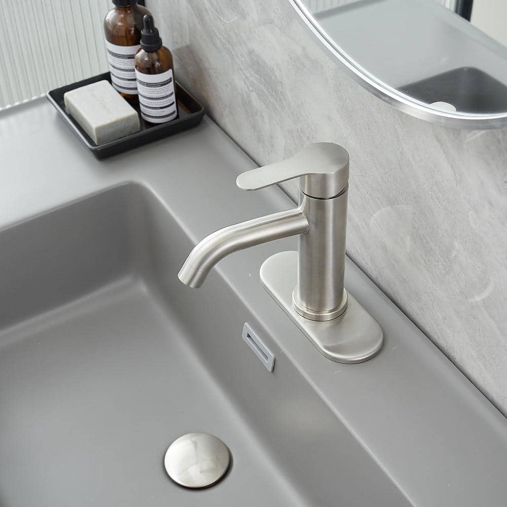 Brushed Nickel Single-Handle Bathroom Faucet with Deck Plate