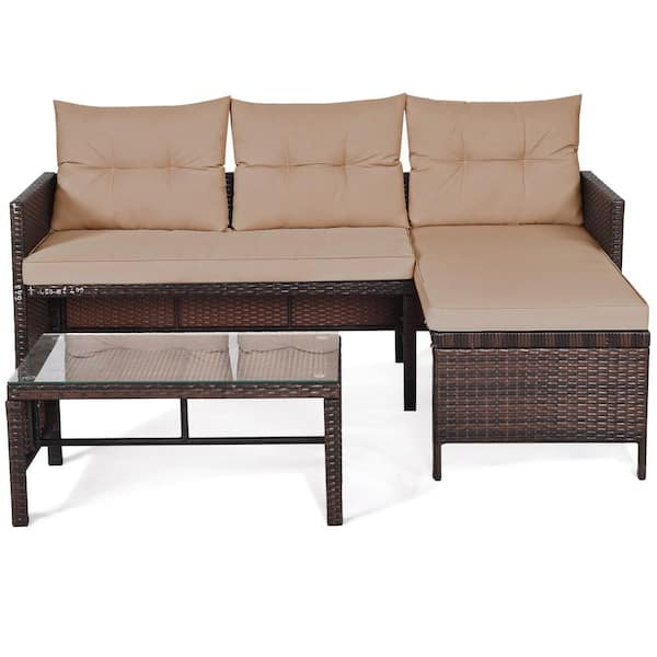Costway 3-Pieces Rattan Wicker Sofa Set Outdoor Patio Sectional Conversation Set Garden Lawn with Cushions Beige
