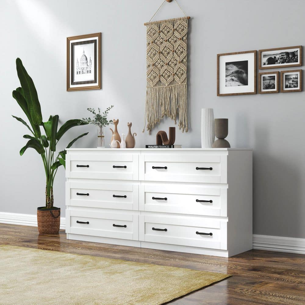 White 6-Drawer 55.12 in. Wide Chest of Drawers with Metal Handle Side Cabin