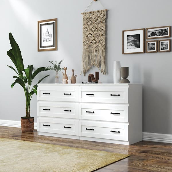 Unbranded White 6-Drawer 55.12 in. Wide Chest of Drawers with Metal Handle Side Cabinet Wood Storage Organizer Double Dresser