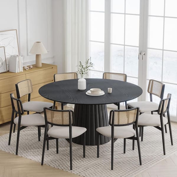 Dovelina 60 in. Natural Oak Wood Black Color Column Pedestal Round Kitchen Table Dining Table Seats 6