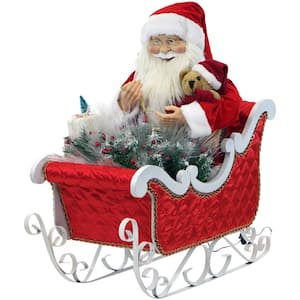 28 in. Santa Claus in Sleigh with Teddy Bear, Toy Sack, Music, Lights, Standing Decor, Christmas Animatronics