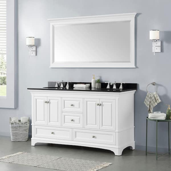 Home Decorators Collection Moorpark 61 in. Double Sink White Bath Vanity with Black Granite Top (Assembled)