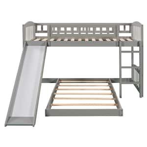 Gray Twin Over Twin Bunk Bed with Slide for Kids, Wooden Low Floor Kids Bunk Bed Frame with Ladder and Slide