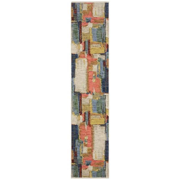 AVERLEY HOME Solano Multi-Colored/Pink 2 ft. x 12 ft. Painted Abstract Wool Nylon Blend Fringe-Edge Indoor Runner Area Rug