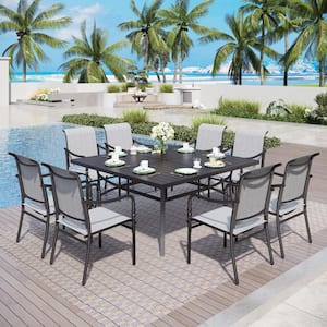Black 9-Piece Metal Outdoor Patio Dining Set with Slat Extra-large Square Table and Gourd-shaped Design Textilene Chairs