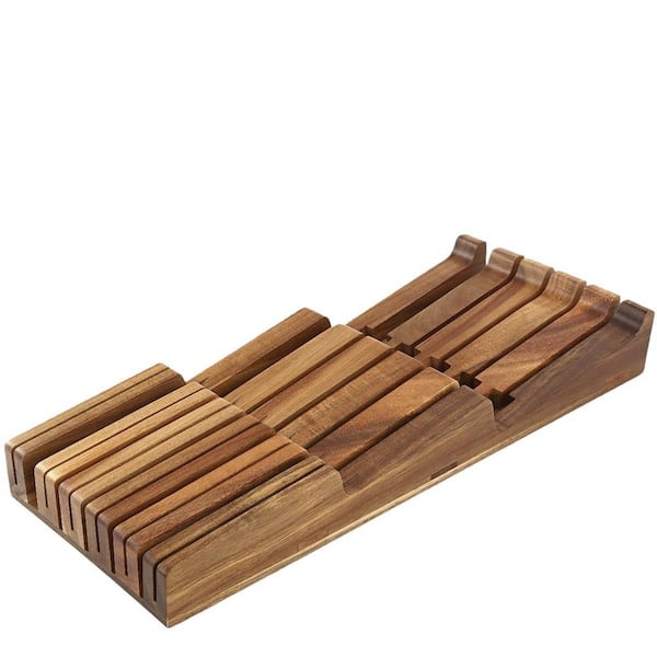 11-Knife In-Drawer Acacia Wood Knife Block, Insert-Kitchen Storage Holder, Countertop Saving and Knife Protective