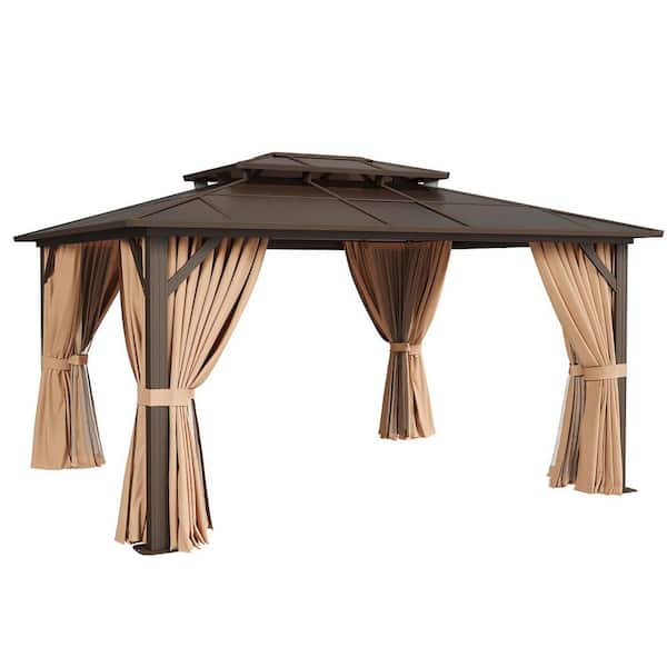 Brown Hardtop Gazebo 12 ft. x 12 ft., Aluminum Frame Permanent Pavilion with Curtains and Netting