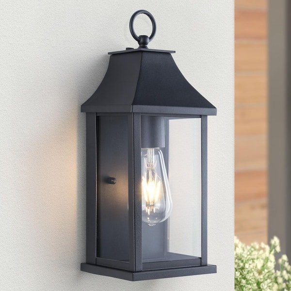 Decorators 15 in. Black Traditional Dusk to Dawn Outdoor Hardwired Wall Lantern Sconce with No Bulbs Included