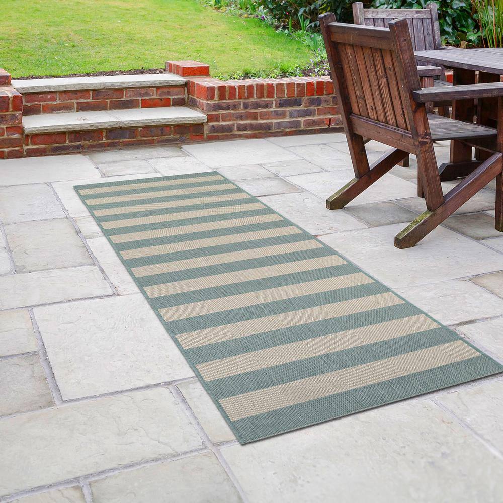 Sea Mist and Ivory Striped Outdoor Runner Rug, 2'2" x 7'10"