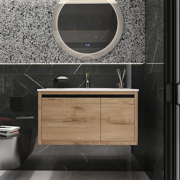 FUNKOL 36 in. W Modern Floating Wall Mounted Bathroom Vanity with White Gel Sink and Drawer and door in Wooden