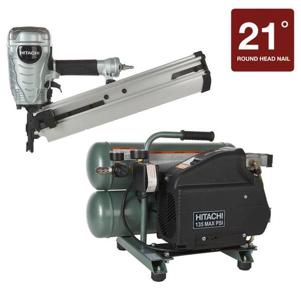 Hitachi 2-Piece 3.5 in. Plastic Strip Framing Nailer and 4 Gal. Portable Twin Stack Air Compressor Kit