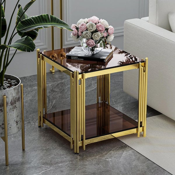 20 in. Brown Square Glass Coffee Table with Tempered Glass and Stainless Steel Legs, 2-Tier Center Table for Living Room