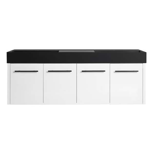 59.1 in. W x 18.1 in. D x 22.4 in. H Wall Mounted Double White Bath Vanity with Black Resin Top