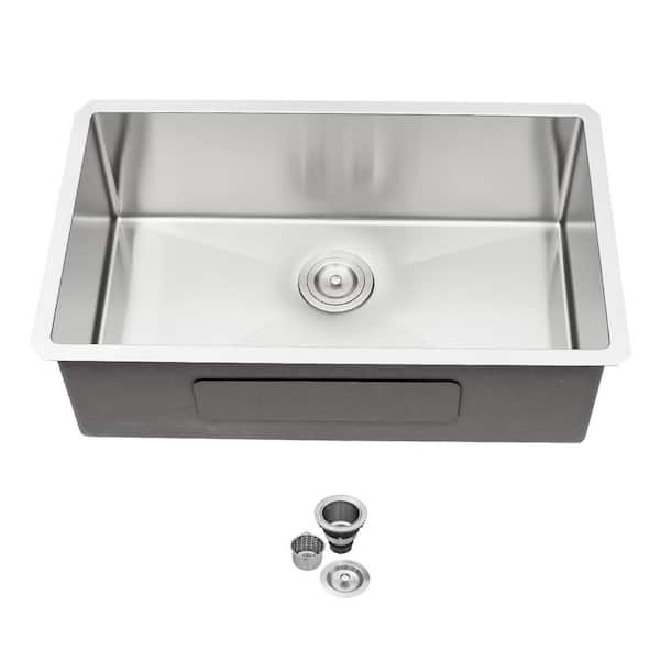LORDEAR 33 in. x 19 in. Undermount Single Bowl 16-Gauge Stainless Steel Kitchen Sink with Strainer