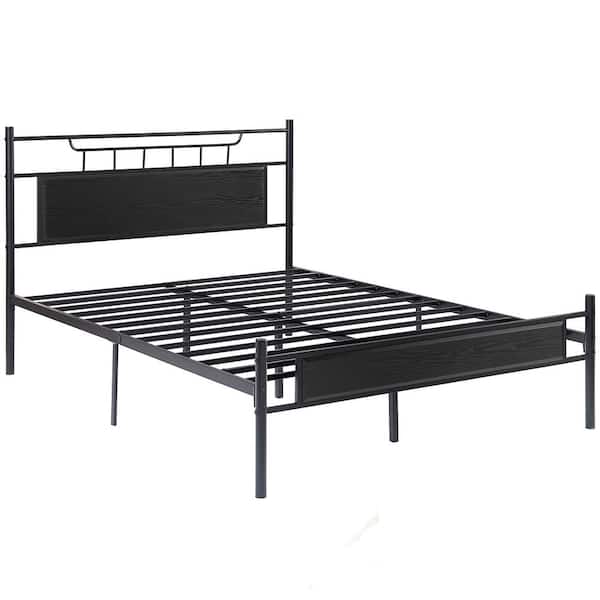 Industrial Bed Frame, Black Metal Frame Queen Platform Bed with Wood Headboard and Footboard, Under Bed Storage