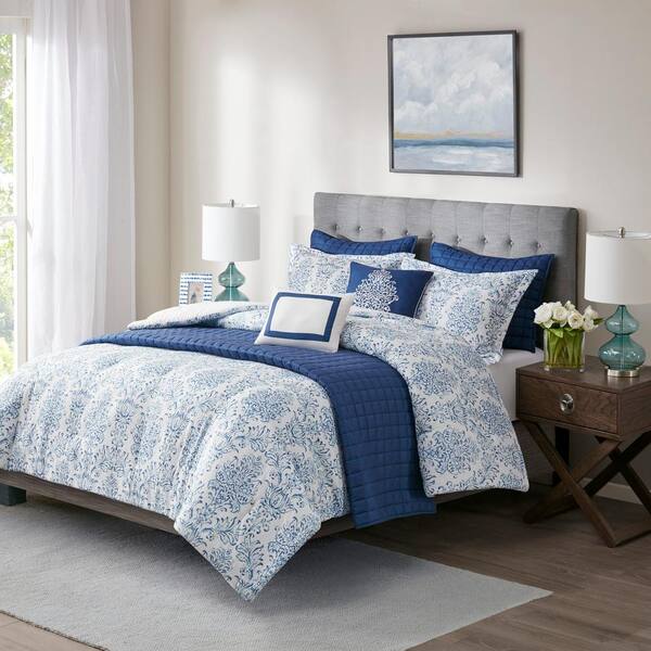Madison Park River 8-Piece Blue Full/Queen Printed Seersucker Comforter and Coverlet Set Collection