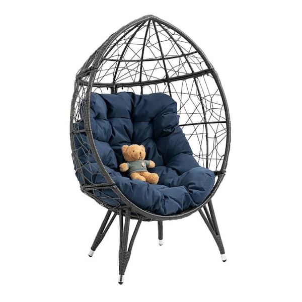 Zeus & Ruta Gray Wicker Swing Egg Chair with Stand Indoor Outdoor Hammock Chair with Blue Cushion for Backyard, Balcony and Patio