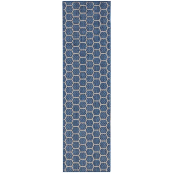 Nourison Reversible Indoor Outdoor Blue 2 ft. x 8 ft. Honeycomb Contemporary Runner Area Rug