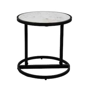 Beri 18 in. White and Black Round Marble Top Side End Table with Metal Frame