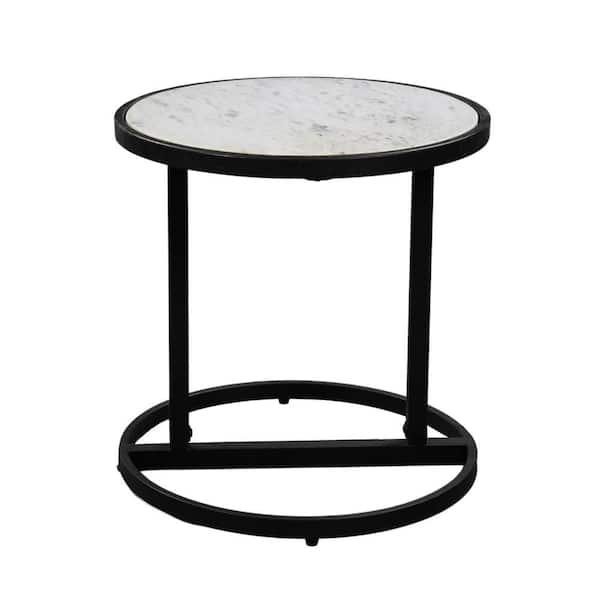 THE URBAN PORT Beri 18 in. White and Black Round Marble Top Side End Table with Metal Frame