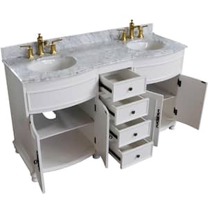 62 in. W Double Vanity in Antique White with Marble Vanity Top in White