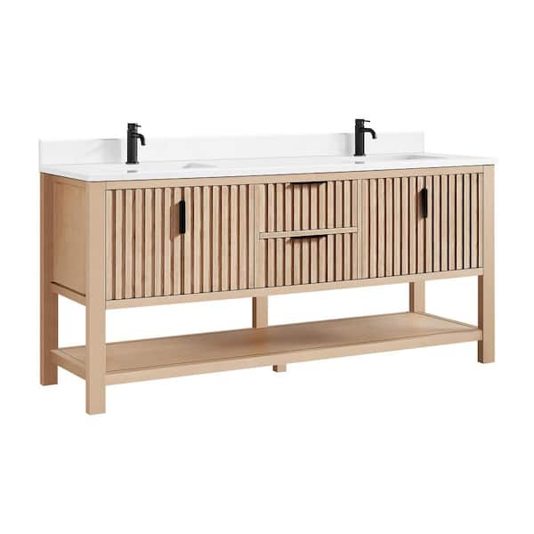 Tehran 72 in.W x 22 in.D x 33.9 in.D Double Bath Vanity in Aged Natural Oak with White Engineered Stone Top