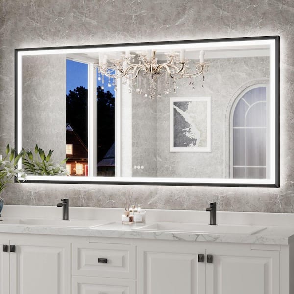 72 in. W x 36 in. H Rectangular Framed LED Lighted Bathroom Vanity Mirror with Light in Black with Backlit and Anti-Fog