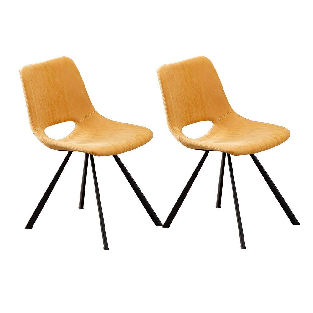 Sleek Tan Leather & Metal Upholstered Low Side Chair