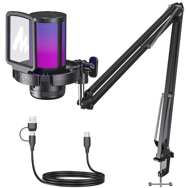Multifunction USB Noise Cancelling Gaming Microphone in Black with Contollable RGB Light