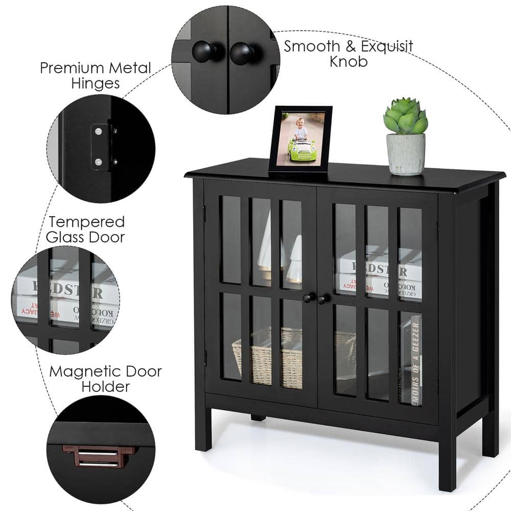 Modern Black MDF Console Table with Tempered Glass Doors
