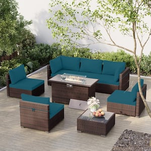 8-Piece Outdoor Brown Wicker Patio Conversation Set with Wicker Fire Pit Table with Deep Lake Blue Cushions